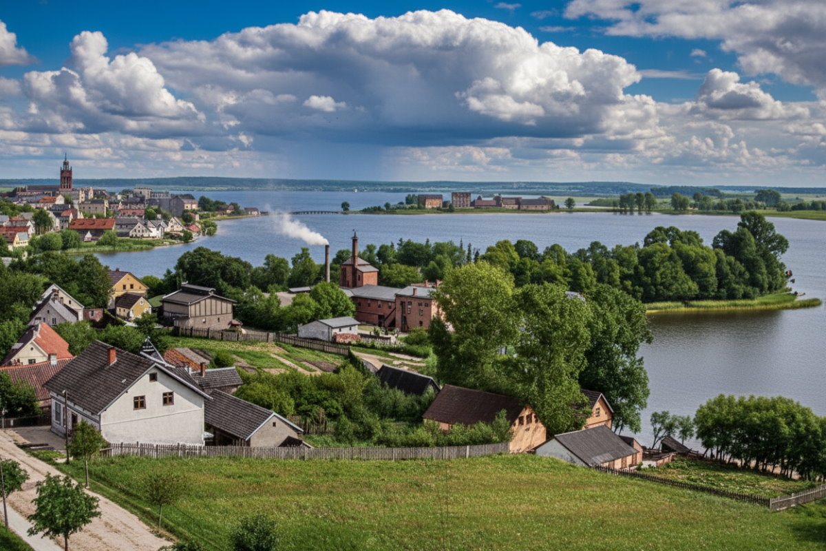 Panorama Ełku z lotu ptaka &ndash; jezioro, zabudowa miasta i zielone tereny nad brzegiem w słoneczny dzień.