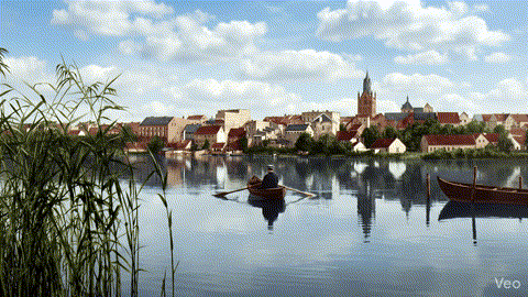 Historyczny widok Ełku około 1910 roku &ndash; zabudowa miasta odbijająca się w spokojnej tafli jeziora, łodzie przy brzegu.