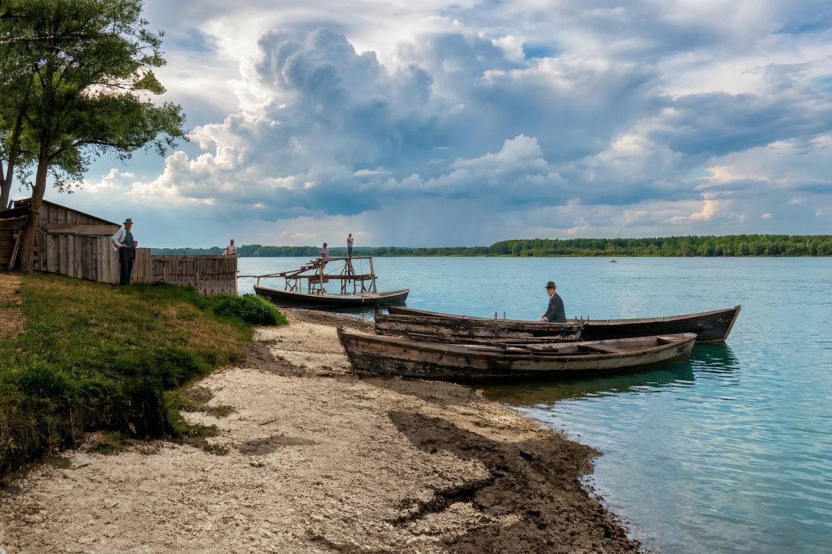 Plaża miejska w Marggrabowej około 1910 roku &ndash; drewniane łodzie przy brzegu jeziora i zabudowania w tle.