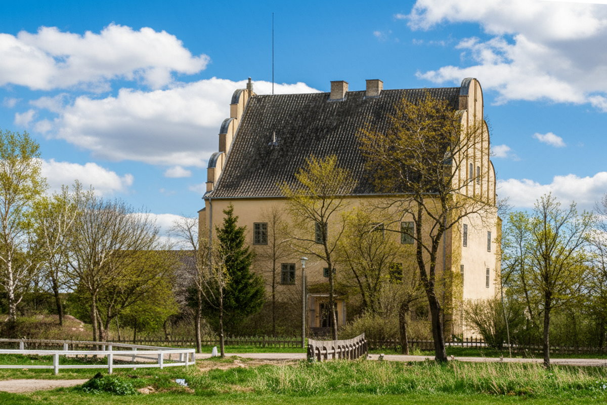 Zabytkowy zamek w Giżycku (Lotzen) otoczony drzewami i ogrodzeniem, widok od strony parku w wiosennej scenerii.