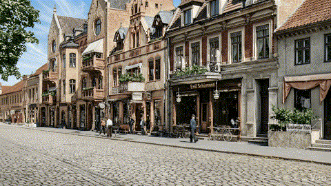 Rynek w Marggrabowej około 1900 roku &ndash; reprezentacyjne kamienice, brukowana ulica i spacerujący mieszkańcy.