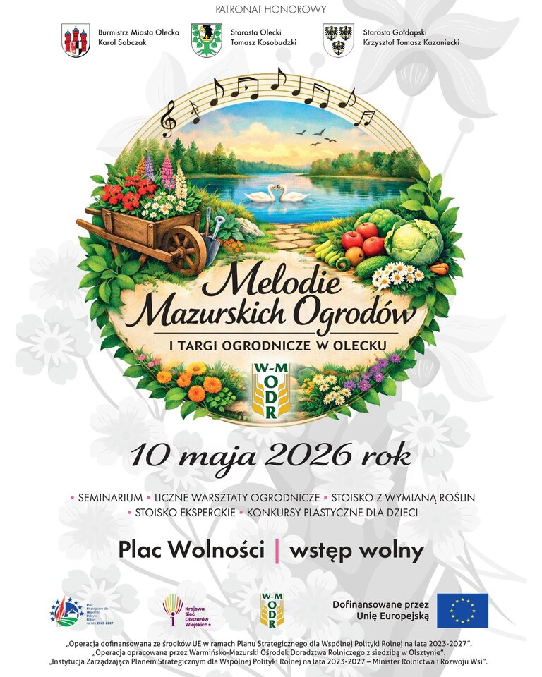Plakat I Targ&oacute;w Ogrodniczych &bdquo;Melodie Mazurskich Ogrod&oacute;w&rdquo; w Olecku. Ilustracja jeziora z łabędziami, kwiatami i warzywami. Data: 10 maja 2026. Miejsce: Plac Wolności, wstęp wolny. Informacje o warsztatach, konkursach i organizatorach.