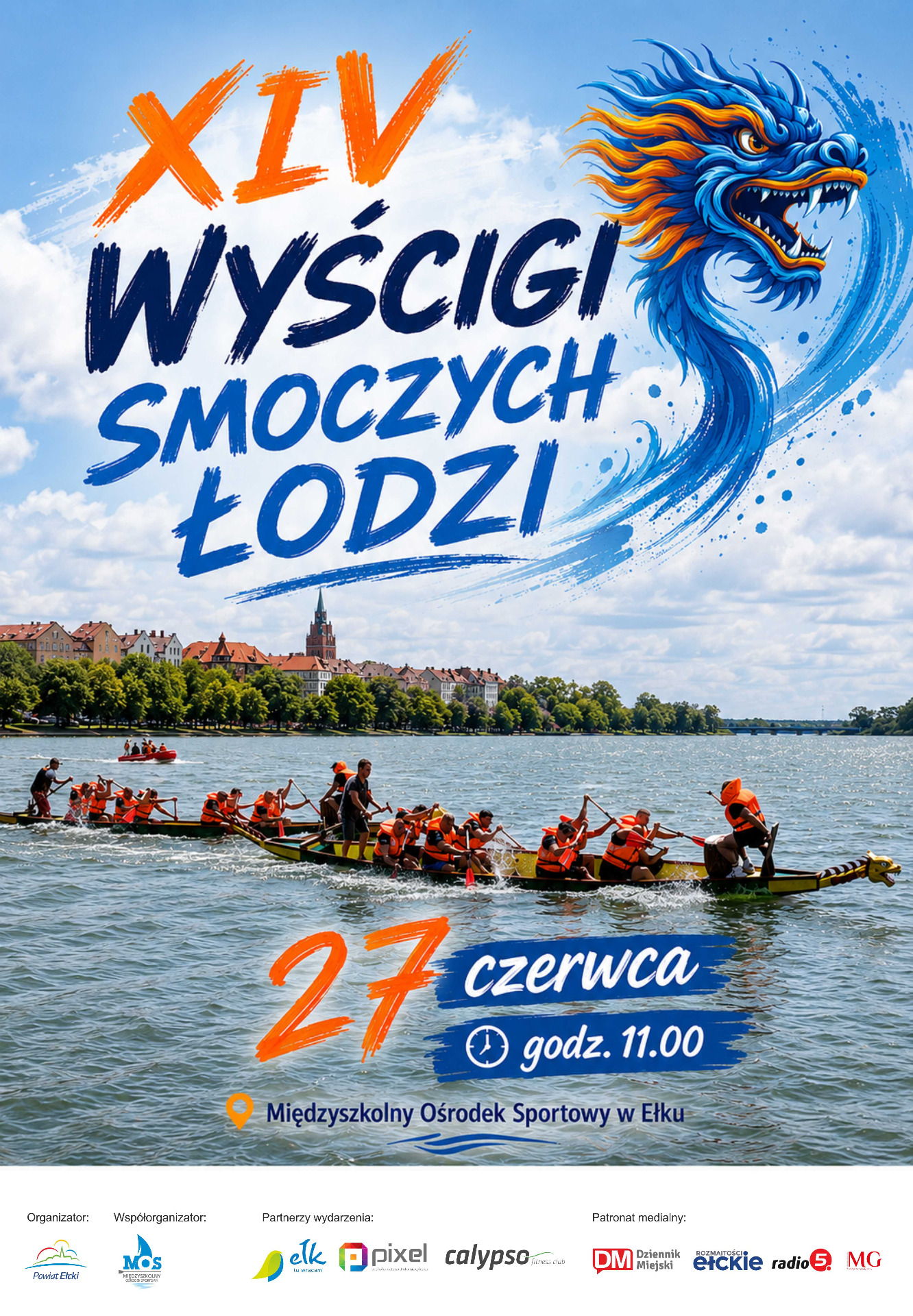 Plakat imprezy. Na pierwszym planie łodzie na jeziorze dalej panoram miasta.