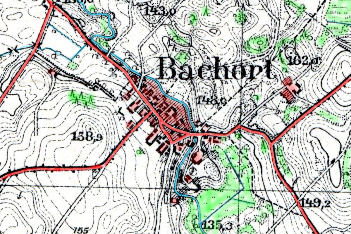 Fragment mapy topograficznej z 1938 roku przedstawiający miejscowość Bachort oraz okoliczne drogi, zabudowania, ukształtowanie terenu i elementy krajobrazu zaznaczone na historycznym opracowaniu kartograficznym.