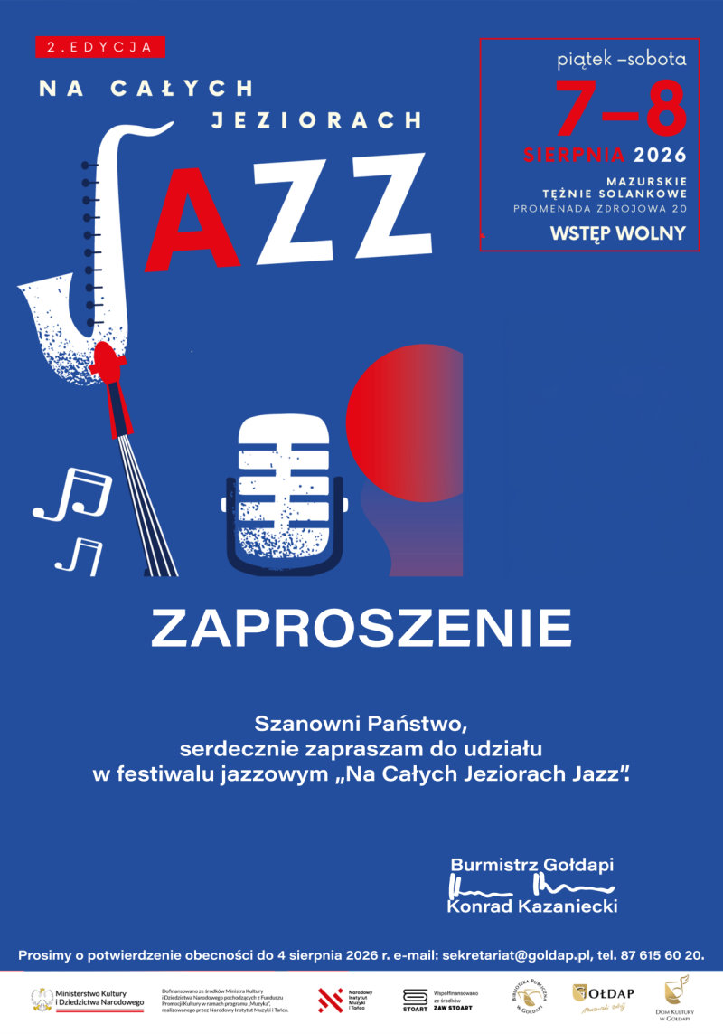 Plakat 2. edycji wydarzenia &bdquo;Na Całych Jeziorach Jazz&rdquo; zapowiadający koncerty 7&ndash;8 sierpnia 2026 roku w Mazurskich Tężniach Solankowych w Gołdapi. Wstęp wolny.