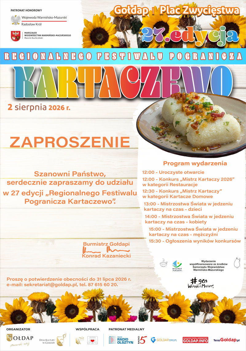 Plakat zapraszający na 27. edycję Regionalnego Festiwalu Pogranicza &bdquo;Kartaczewo&rdquo;, kt&oacute;ry odbędzie się 2 sierpnia 2026 roku na Placu Zwycięstwa w Gołdapi.