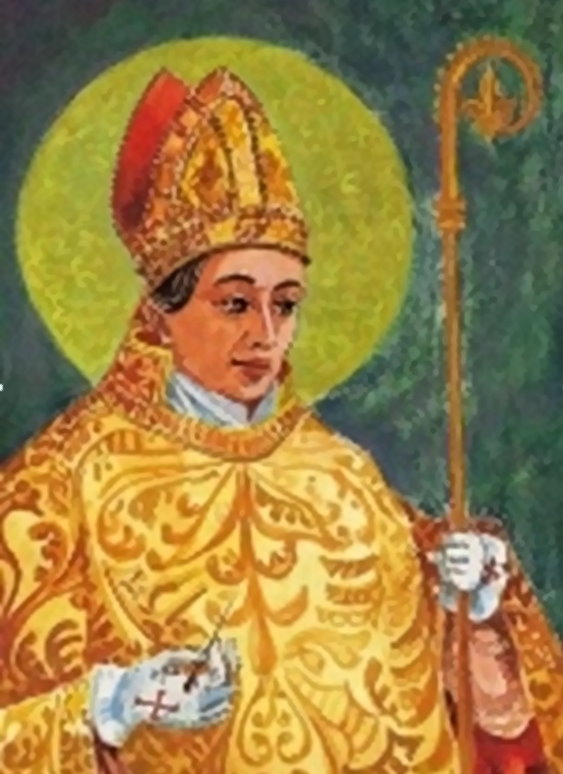 Wizerunek św. Erazma przedstawionego w szatach biskupich z pastorałem i aureolą.