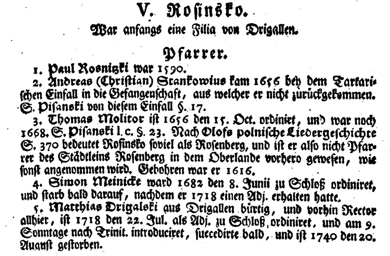 Fragment historycznego opracowania w języku niemieckim opisującego parafię i kości&oacute;ł w Rożyńsku Wielkim.