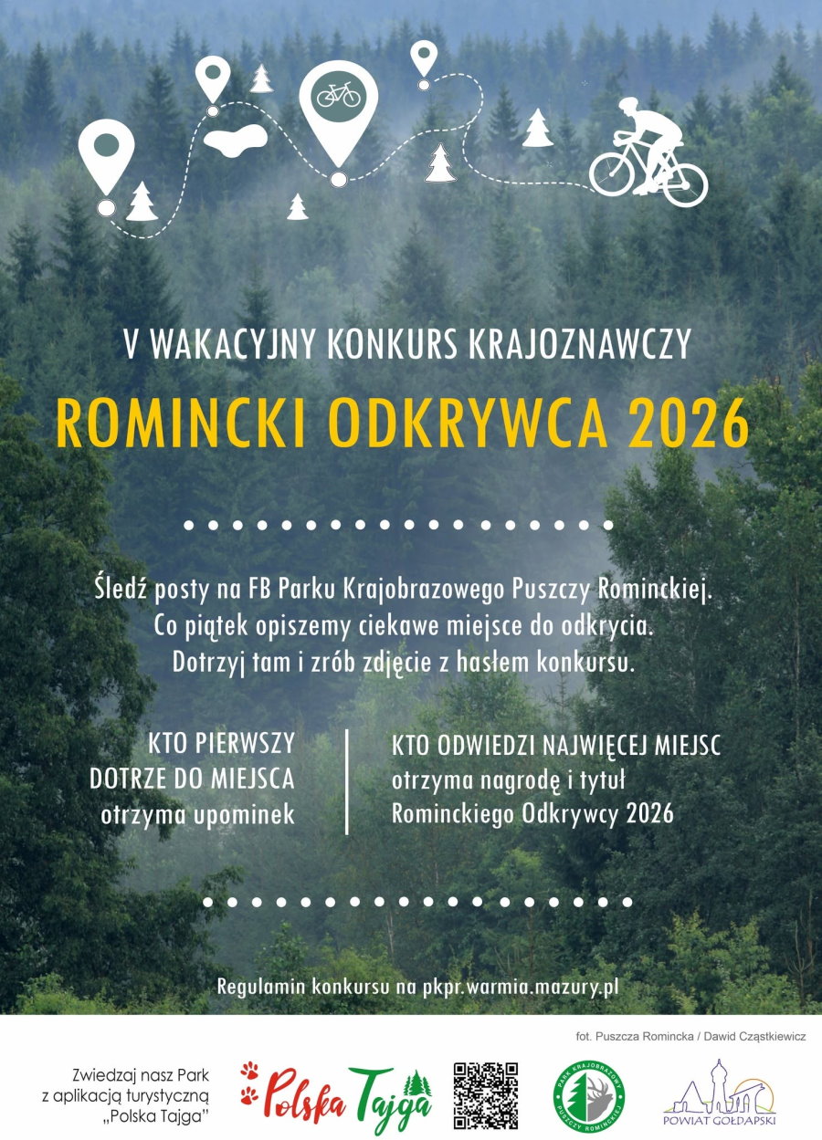 Plakat konkursu &bdquo;Romincki Odkrywca 2026&rdquo; na tle leśnego krajobrazu. Wakacyjna zabawa zachęca do odkrywania miejsc w Puszczy Rominckiej, śledzenia post&oacute;w na Facebooku i zdobywania nagr&oacute;d za odwiedzone lokalizacje.