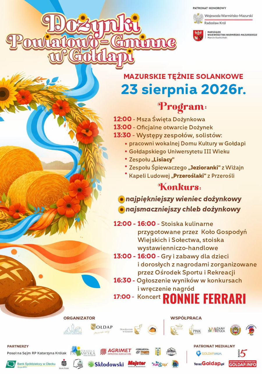 Plakat Dożynek Powiatowo-Gminnych w Gołdapi, 23 sierpnia 2026 r., z programem uroczystości, konkursami, występami zespoł&oacute;w i koncertem Ronniego Ferrari.
