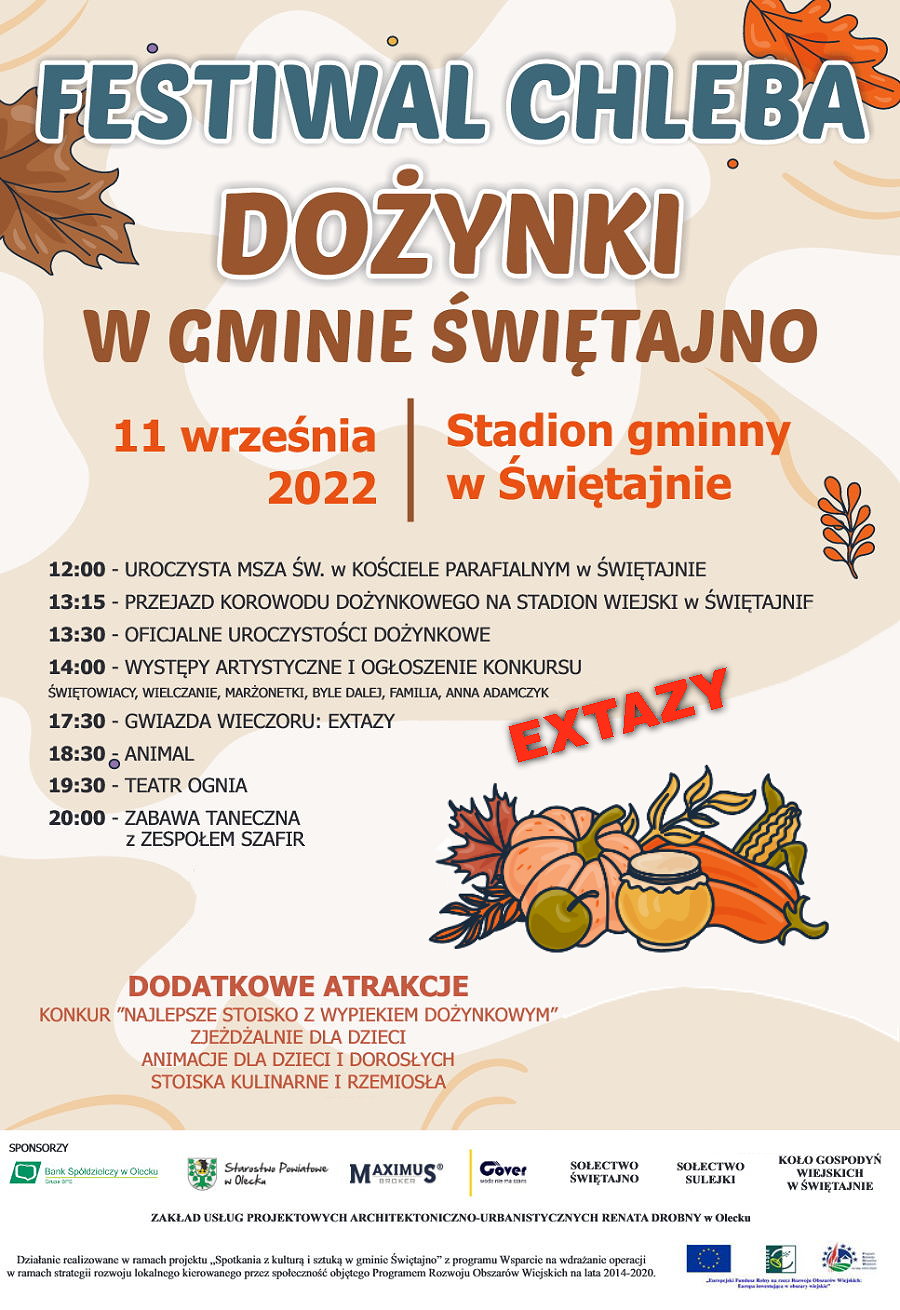 Plakat z informacjami o Dożynkach i Festiwalu Chleba w Świętajnie